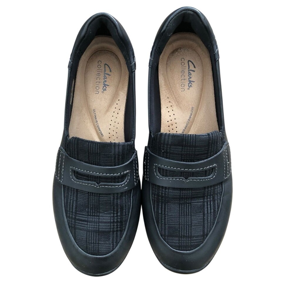 Clarks Ellowyn Penny Black Leather Plaid Slip-On Loafers Size 9